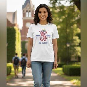 CHAMPIONS OF FAITH Christian Graphic “HEBREWS 12:1-2” on Gildan Tee